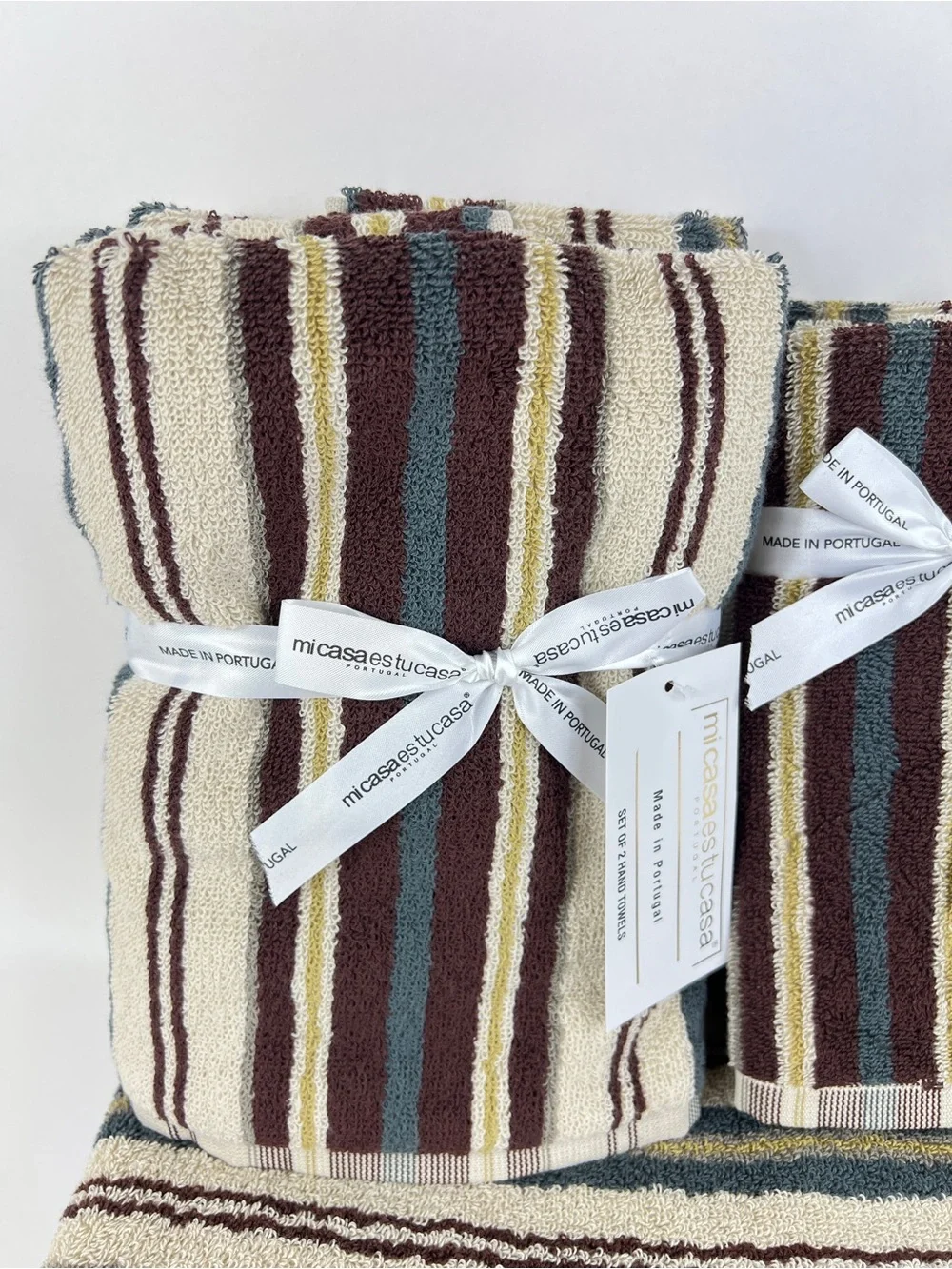 Mi Casa Es Tu Casa Bathroom Towel Set Brown Teal Tan Stripe 100% Cotton 6 Pc NEW
